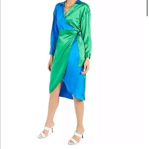 COLORBLOCK SATIN WRAP DRESS